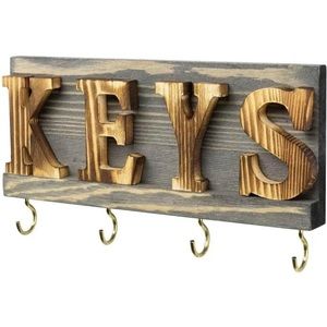 Set of 2 Wooden Brass Key Holders with 4 hooks & KEYS Block Letters New in Box